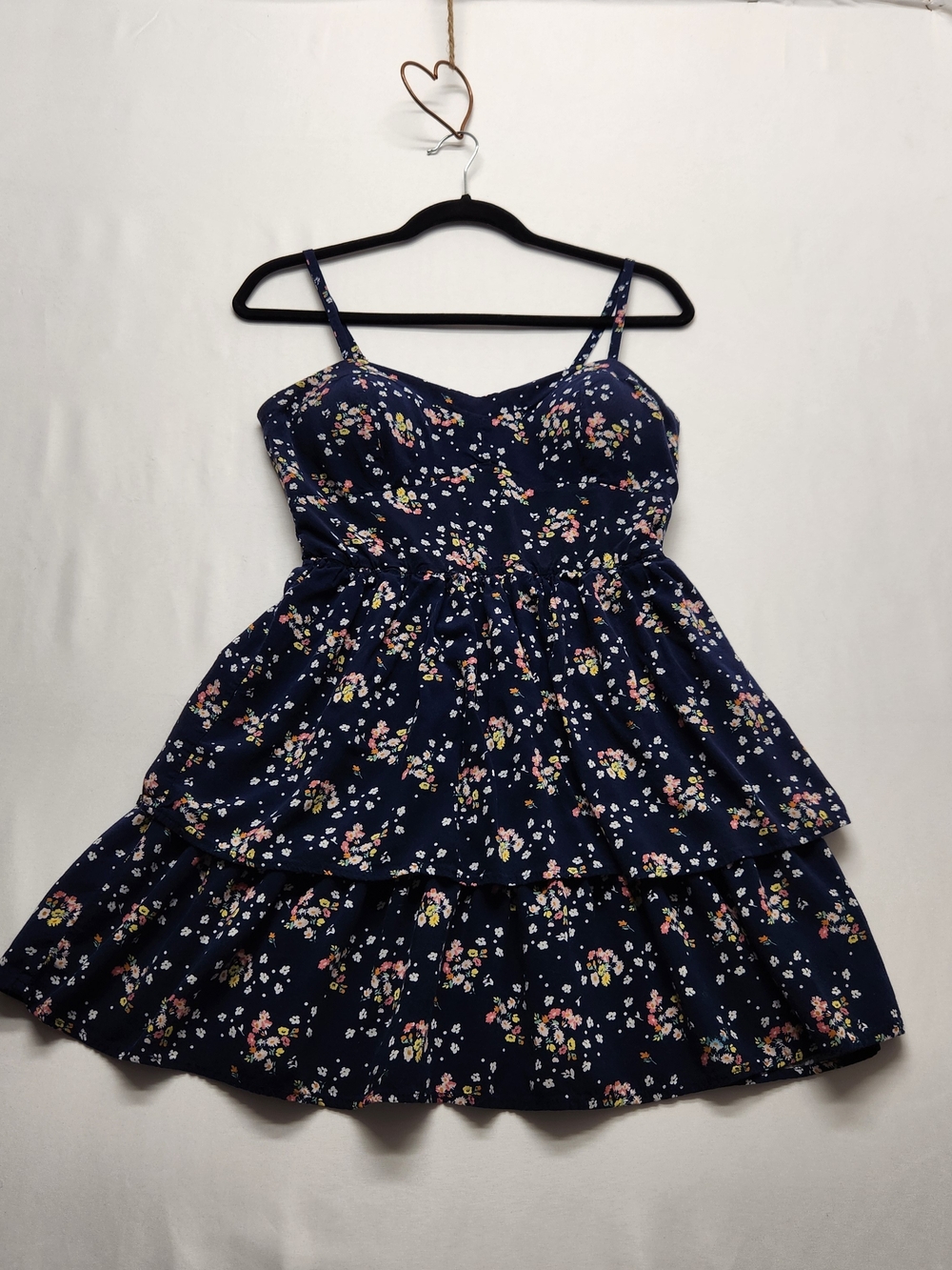⭐️AUW Floral Tiered Mini Dress Large Navy Blue Ditsy Sweetheart Cottagecore